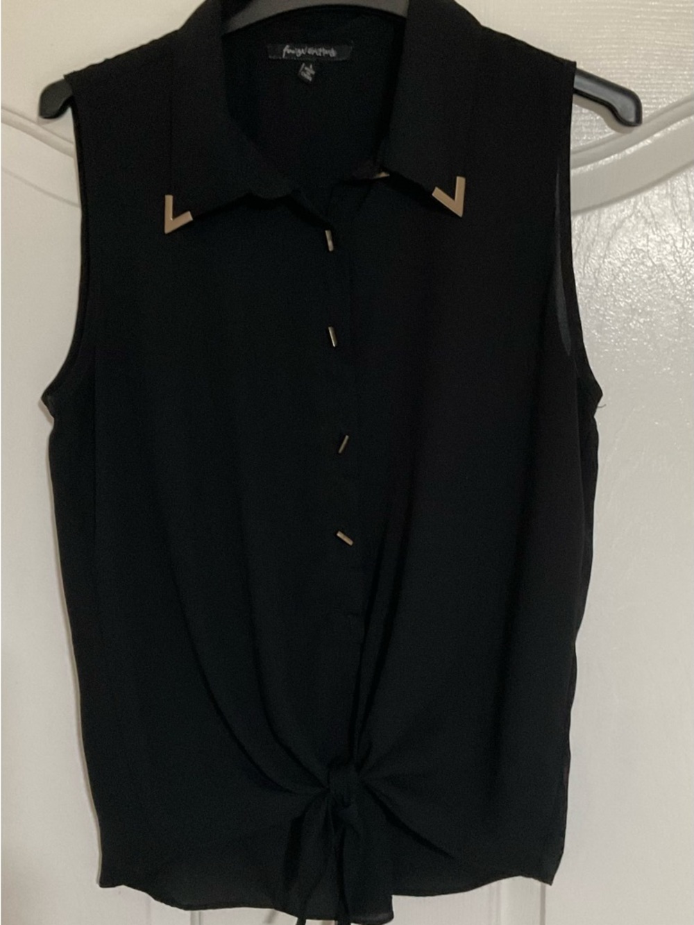 Foreign Exchange Black Sleeveless Button Tie-Front Top with Gold Accents